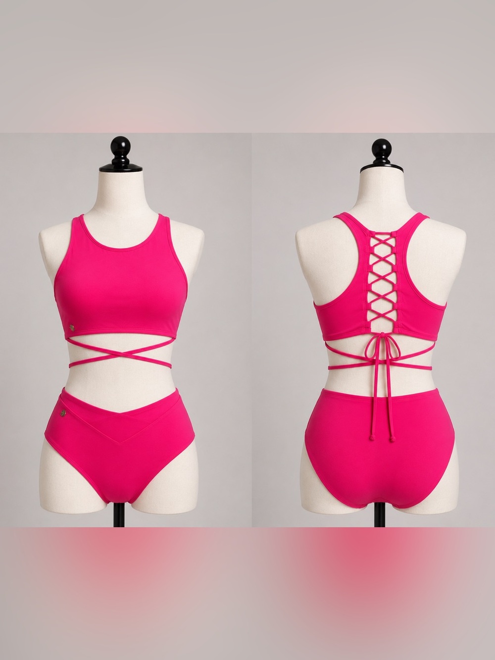 Buffbunny Pink Strappy Bikini Set Size Medium Barbiecore High Waist Swimwear
